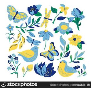 Flowers and birds in blue and yellow colors. Beautiful plants, flying butterflies on white background cartoon illustration set. Nature, animal, greenery, flora, fauna concept