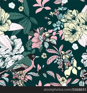 Flowers and birds seamless pattern vector illustration