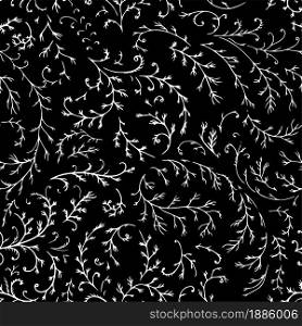 Flowers and branches seamless pattern isolated on white background. Botanical print or texture with twigs. Feminine elegant floral, decorative wrapping or ornament decor vector in flat style. Floral branches and twigs with leaves seamless pattern