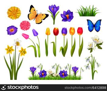 Flowers and butterflies collection, floral elements and decoration, grass and plants, spring time, vector illustration isolated on white background. Flowers and Butterflies Set Vector Illustration