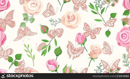 Flowers and butterflies. Roses, butterfly silhouettes. Floral garden wallpaper. Romantic girly wrapping paper or textile print. Fashion plants, vector seamless pattern. Rose and butterfly illustration. Flowers and butterflies. Roses, butterfly silhouettes. Floral garden wallpaper. Romantic girly wrapping paper or textile print. Fashion plants, vintage vector seamless pattern