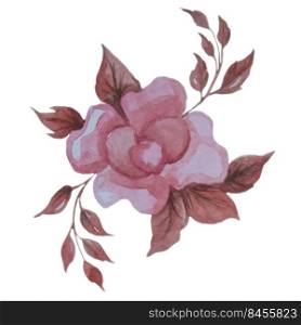 Flowers and Decorative design element. Pink rose and branch with leaves. Delicate pastel colors. Watercolor drawing. Isolated on white. High quality photo