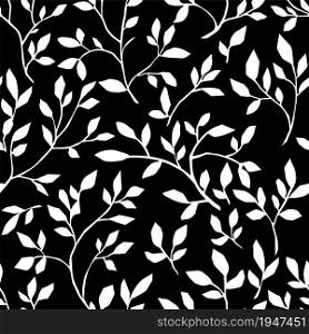 Flowers and floral ornaments seamless pattern. Decorative branches and twigs with leaves. Black and white bloom, flourishing bouquet art motives. Monochrome sketch outline, vector in flat style. Floral ornaments, foliage and branches pattern