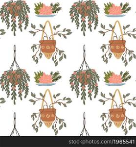 Flowers and foliage, houseplants in flowerpots, isolated hanging and climbing plants in bloom and blossom. Spring and summer decor for home. Seamless pattern, background or print, vector in flat style. Hanging and climbing plants in pots flora vector