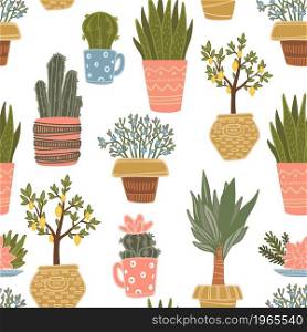 Flowers and foliage, isolated potted plants with blooming and blossom. Spring and summer flourishing. Decor for home and office interior. Seamless pattern, background or print, vector in flat style. Potted plants, houseplants flora with foliage