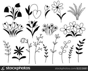 Flowers and herbs ink set. Hand drawn silhouette flower bouquets, flower crown, foliage, herbal bunch. Clip art for sublimation, isolated vector illustration. Flowers and herbs ink set