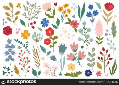 Flowers and herbs mega set graphic elements in flat design. Bundle of abstract wildflowers, daisy, rose, hyacinth and other meadow blossoms, plants with leaves. Vector illustration isolated objects. Flowers and Herbs Vector Set