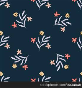 Flowers and herbs seamless pattern. Floral print for textile and fabric. Botanical digital paper for packaging, wallpaper and decor. Cute spring summer template, vector illustration. Flowers and herbs seamless pattern