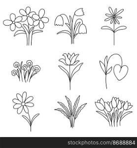 Flowers and herbs set vector illustration. Doodle bloom spring collection. Simple outline flowers isolated floral bunch. Flowers and herbs set vector illustration