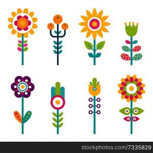 Flowers and leaves collection, flowers in blossom, heart shaped bloom and leaves, set of plants vector illustration, isolated on white background. Flowers and Leaves Collection Vector Illustration