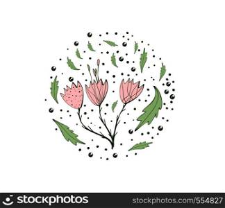 Flowers and leaves composition. Hand drawn style. Vector ilustration.