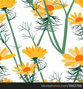 Flowers and leaves, foliage and blooming of spring or summer. Decorative ornaments of daisies or chamomile. Seamless pattern or background, print or repeatable wallpaper. Vector in flat style. Summer flowers and leaves, seamless pattern vector
