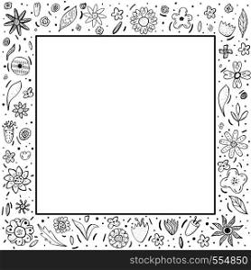 Flowers and leaves frame composition. Hand drawn style. Vector ilustration.