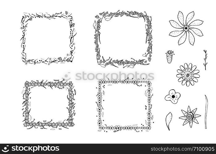 Flowers and leaves frames compositions. Collection of hand drawn style elements. Vector ilustration.
