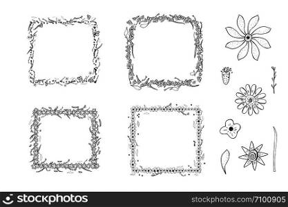 Flowers and leaves frames compositions. Collection of hand drawn style elements. Vector ilustration.