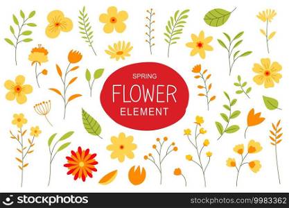 Flowers and leaves in spring season. Simple design elements with spring flowers set.