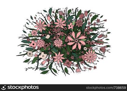 Flowers and leaves oval composition. Hand drawn bouquet style. Vector ilustration.