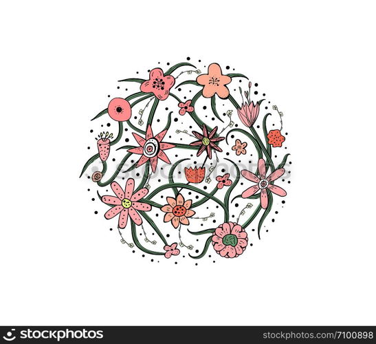 Flowers and leaves round composition. Hand drawn style. Vector ilustration.