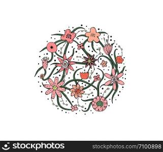 Flowers and leaves round composition. Hand drawn style. Vector ilustration.