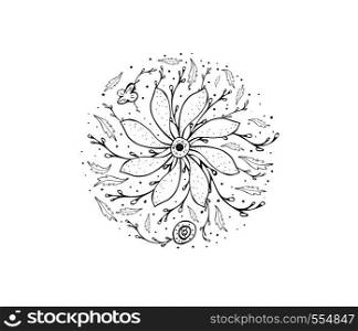 Flowers and leaves sketch composition. Hand drawn style round badge. Vector ilustration.