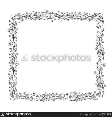 Flowers and leaves sqaure frame. Hand drawn style composition. Vector ilustration.