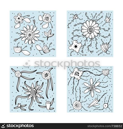 Flowers and leaves square compositions. Hand drawn style decorations. Vector ilustration.