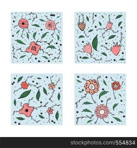 Flowers and leaves square compositions. Hand drawn style vector ilustration.