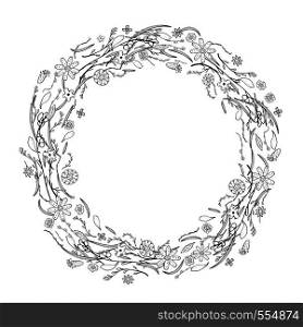 Flowers and leaves wreath composition. Hand drawn style round frame. Vector ilustration.