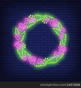 Flowers and leaves wreath neon sign. Summer, holiday, decor design. Night bright neon sign, colorful billboard, light banner. Vector illustration in neon style.