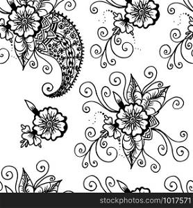 Flowers and paisley. Abstract linear drawing. Seamless pattern. Black on white background. For backgrounds, home textiles, women products. Flowers and paisley. Abstract linear drawing. Seamless pattern. Black on white background