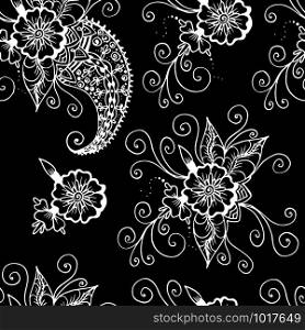 Flowers and paisley. Abstract linear drawing. Seamless pattern. White on a black background. For backgrounds, home textiles, women products. Flowers and paisley. Abstract linear drawing. Seamless pattern. White on a black background