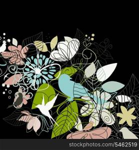 Flowers and plants on a black background. A vector illustration