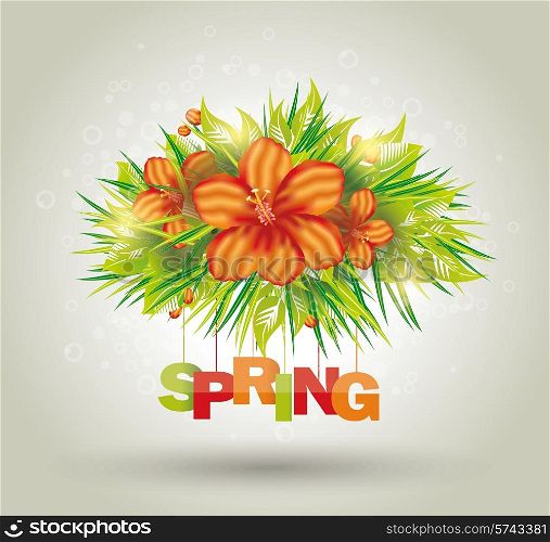 Flowers background, bright blossom card with letter SPRING.