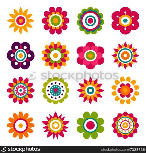 Flowers blooming collection, flowers big set with blossom and flourishing plants, plants with petals vector illustration isolated on white background. Flowers Blooming Collection Vector Illustration