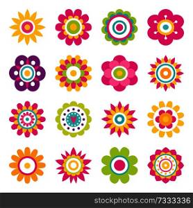 Flowers blooming collection, flowers big set with blossom and flourishing plants, plants with petals vector illustration isolated on white background. Flowers Blooming Collection Vector Illustration