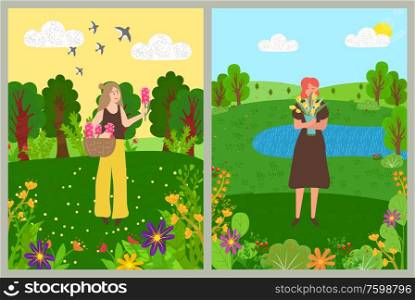 Flowers blooming in park vector, people walking on nature, forest with foliage and greenery, lady sniffing tulips and standing by blue lake with bouquet. Summer Season, Forest with Flourishing Flowers