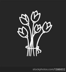 Flowers chalk white icon on black background. Bouquet for greeting. Romantic present. Gift for valentine. Blooming tulips. Flower shop. Flower delivery. Isolated vector chalkboard illustration. Flowers chalk white icon on black background