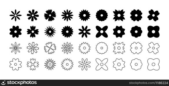 Flowers collection, isolated on white background. Flowers vector icons in flat and linear design. Flowers in a row on white background. Vector illustration.