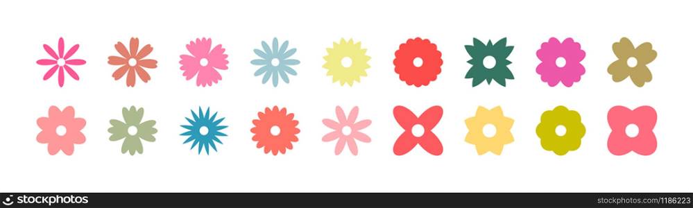 Flowers colorful, isolated on white background. Different Flowers in modern flat style. Flower flat vector icon. Flowers collection in a row. Vector illustration.