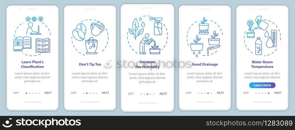 Flowers concern onboarding mobile app page screen with concepts. Humidity maintenance. Herbs cultivation walkthrough five steps graphic instructions. UI vector template with RGB color illustrations