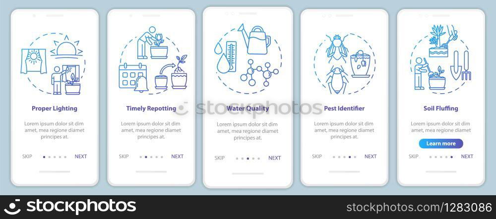 Flowers concern onboarding mobile app page screen with concepts. Water temperature. Herbs cultivation walkthrough five steps graphic instructions. UI vector template with RGB color illustrations