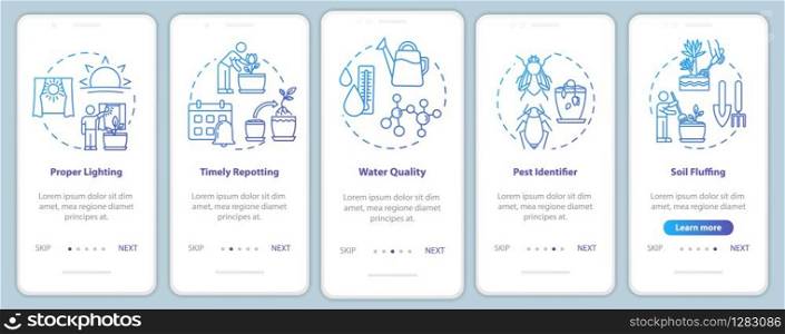 Flowers concern onboarding mobile app page screen with concepts. Water temperature. Herbs cultivation walkthrough five steps graphic instructions. UI vector template with RGB color illustrations