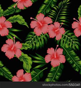 Flowers coral hibiscus green monstera exotic palm leaves seamless pattern black background