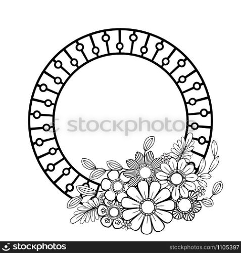 Flowers decorative frame. Isolated on white background. Floral monochrome ornament. Black and white vector illustration.. Flowers decorative frame