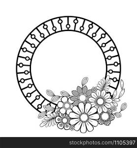 Flowers decorative frame. Isolated on white background. Floral monochrome ornament. Black and white vector illustration.. Flowers decorative frame