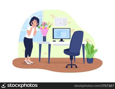 Flowers delivery to office 2D vector web banner, poster. Surprised woman flat characters on cartoon background. Gesture of affection, receiving gift printable patch, colorful web element. Flowers delivery to office 2D vector web banner, poster