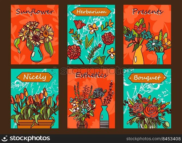Flowers flyers set. Bunches in vases, tulips, roses vector illustrations with text on orange and green background. Florist shop or spring concept for posters and brochures design