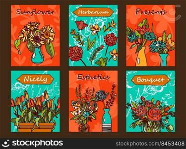 Flowers flyers set. Bunches in vases, tulips, roses vector illustrations with text on orange and green background. Florist shop or spring concept for posters and brochures design