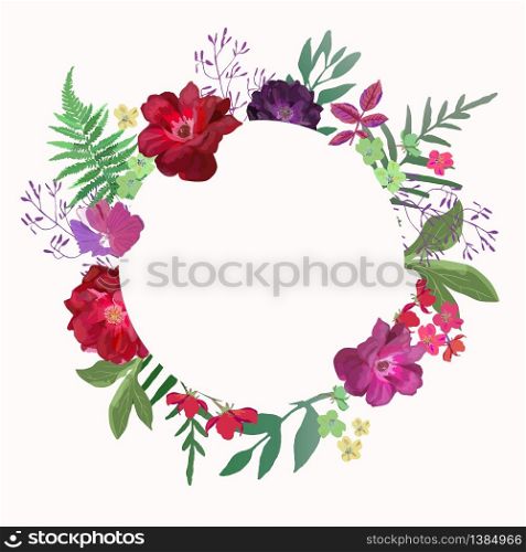 Flowers frame circle roses. Card on white backdrop. Hand drawn flower vector background border. Vector. Flowers frame circle roses. Card on white backdrop. Hand drawn f