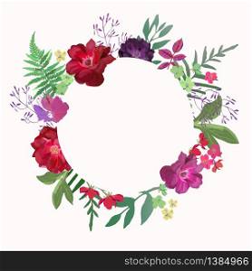 Flowers frame circle roses. Card on white backdrop. Hand drawn flower vector background border. Vector. Flowers frame circle roses. Card on white backdrop. Hand drawn f